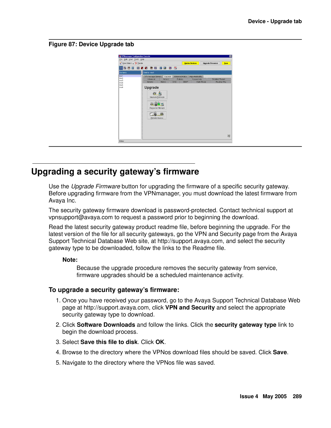 Avaya 3.7 manual Upgrading a security gateway’s firmware, To upgrade a security gateway’s firmware 