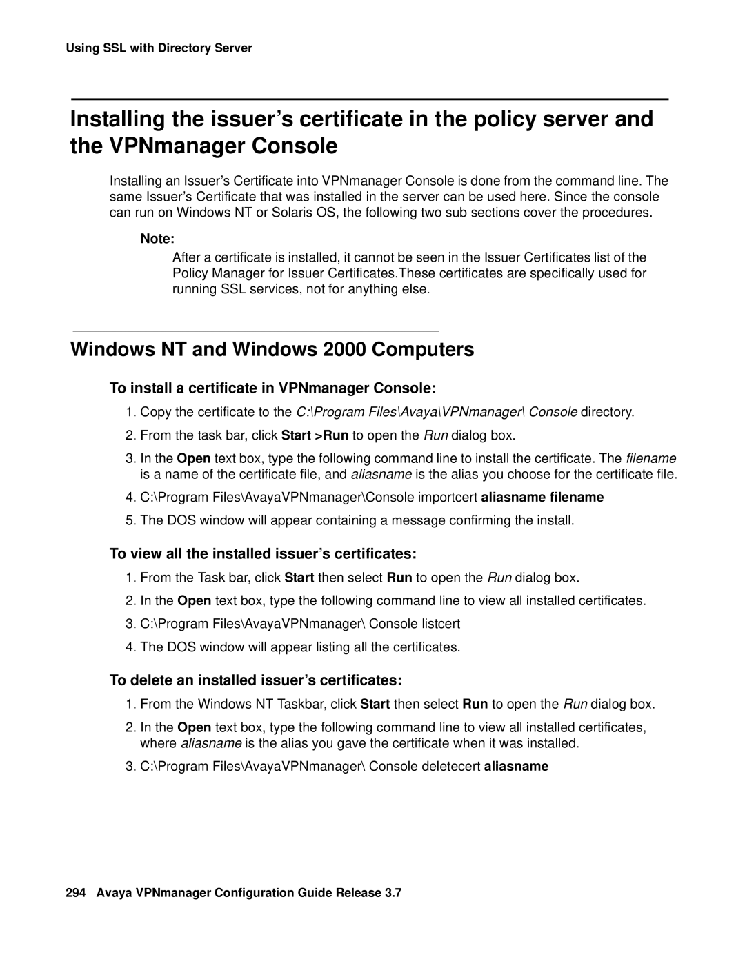 Avaya 3.7 manual Windows NT and Windows 2000 Computers, To install a certificate in VPNmanager Console 