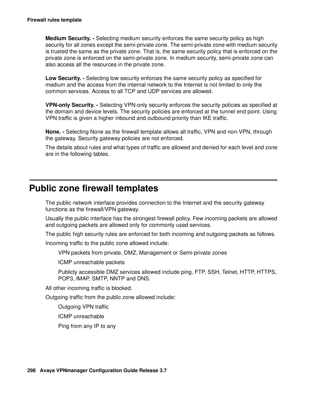 Avaya 3.7 manual Public zone firewall templates 