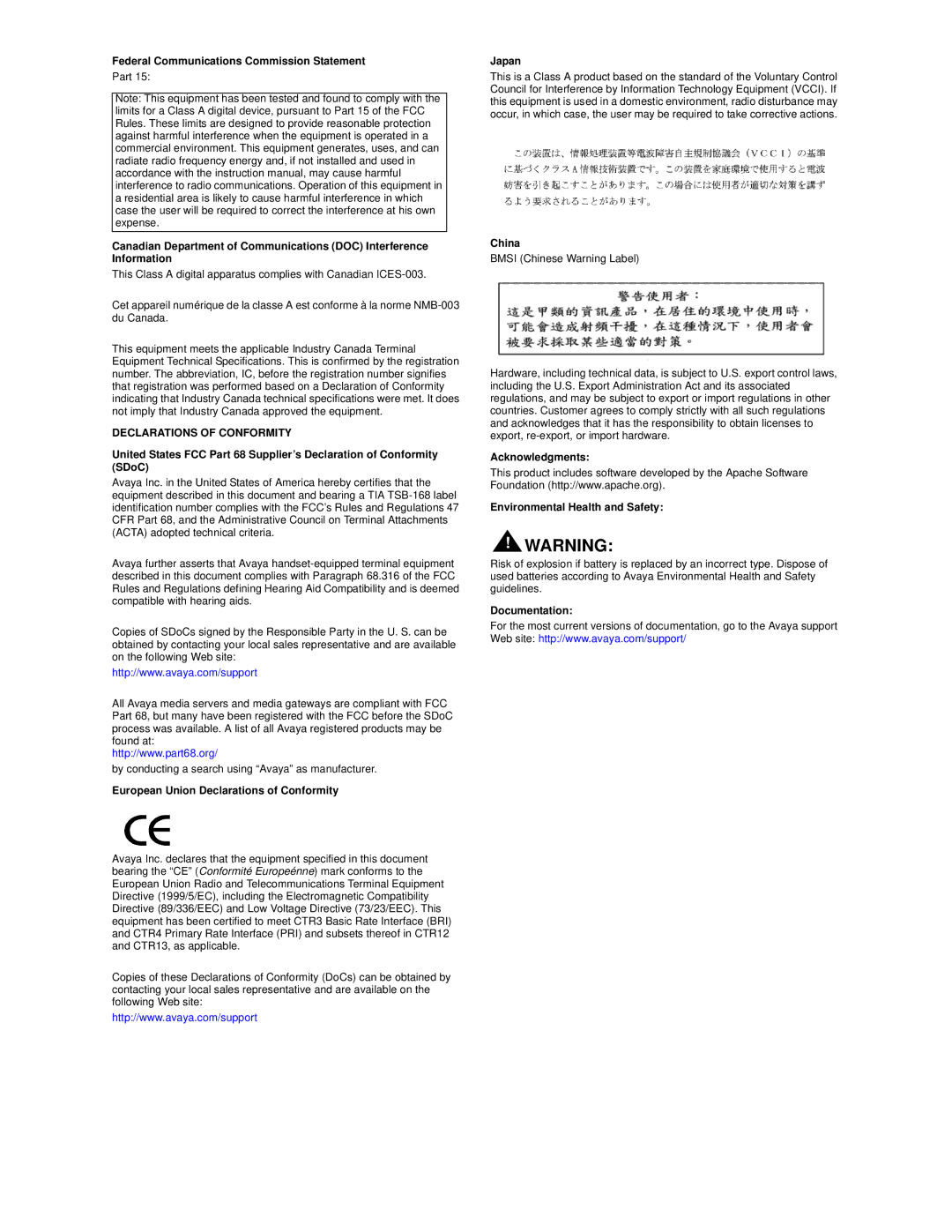 Avaya 3.7 manual Declarations of Conformity 