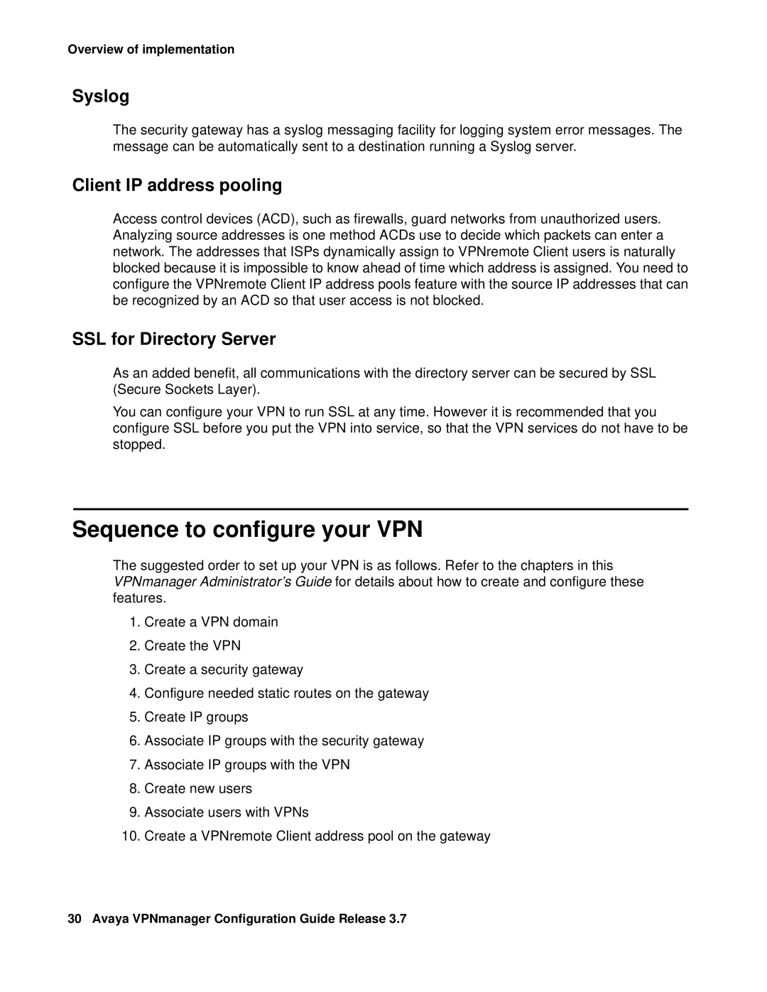 Avaya 3.7 manual Sequence to configure your VPN, Syslog, Client IP address pooling, SSL for Directory Server 