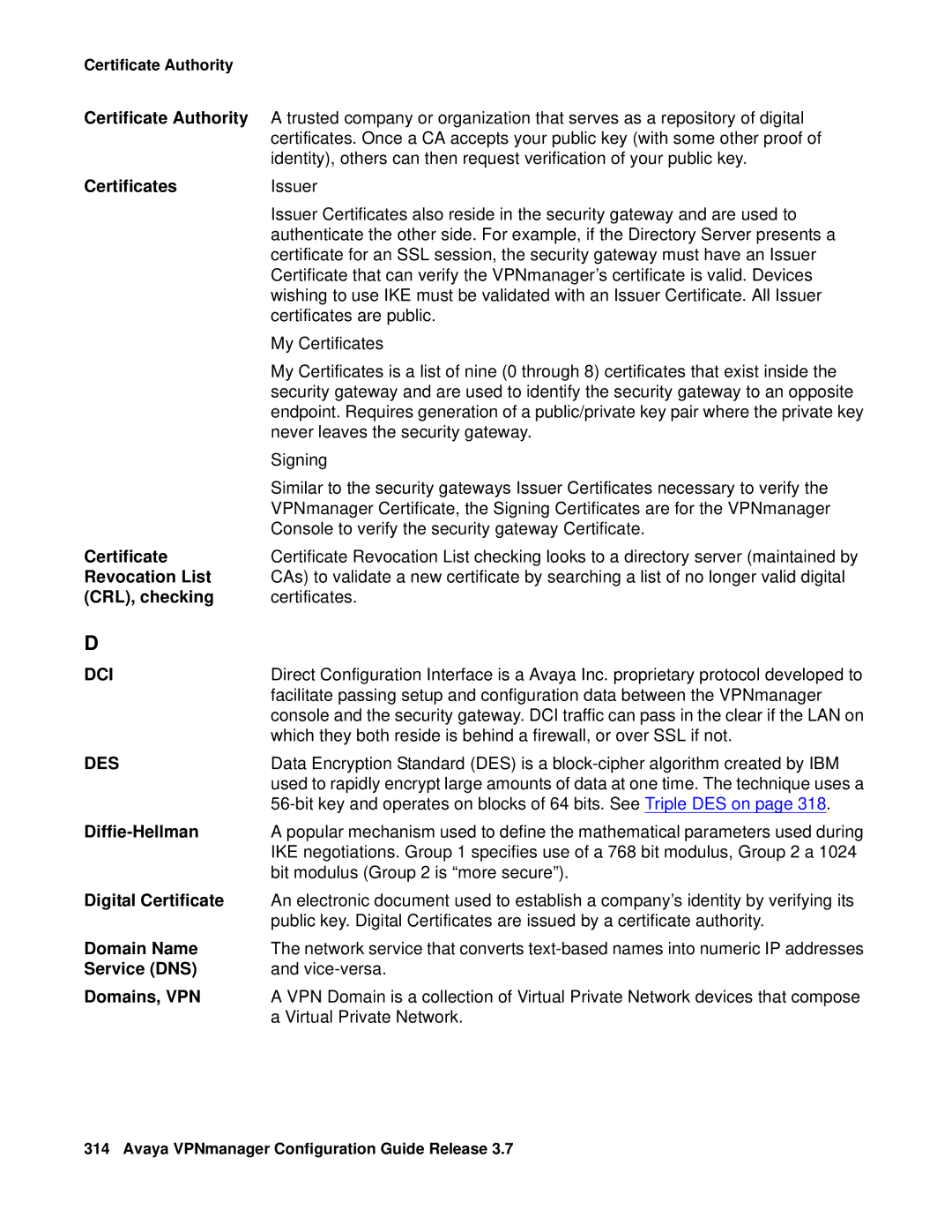 Avaya 3.7 manual Certificate Authority, Certificates, Revocation List, CRL, checking, Diffie-Hellman, Digital Certificate 