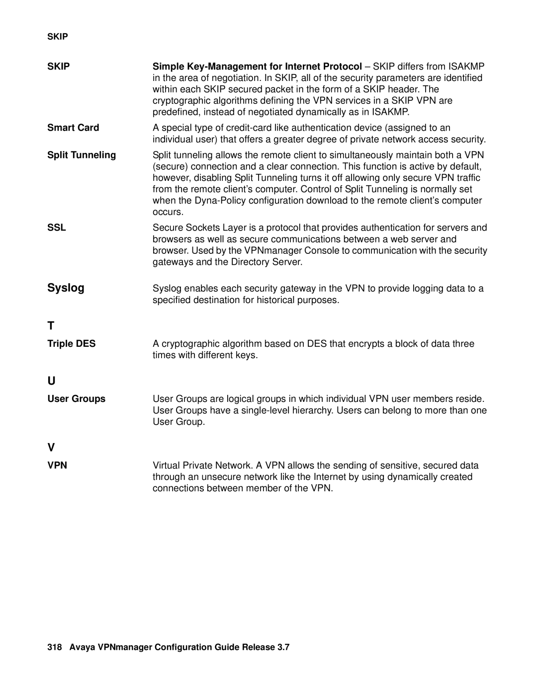 Avaya 3.7 manual Smart Card, Split Tunneling, Triple DES, User Groups 