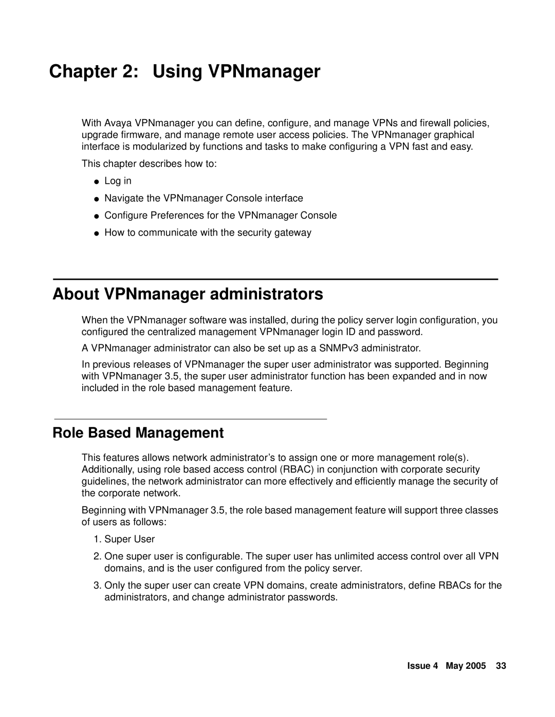 Avaya 3.7 manual About VPNmanager administrators, Role Based Management 