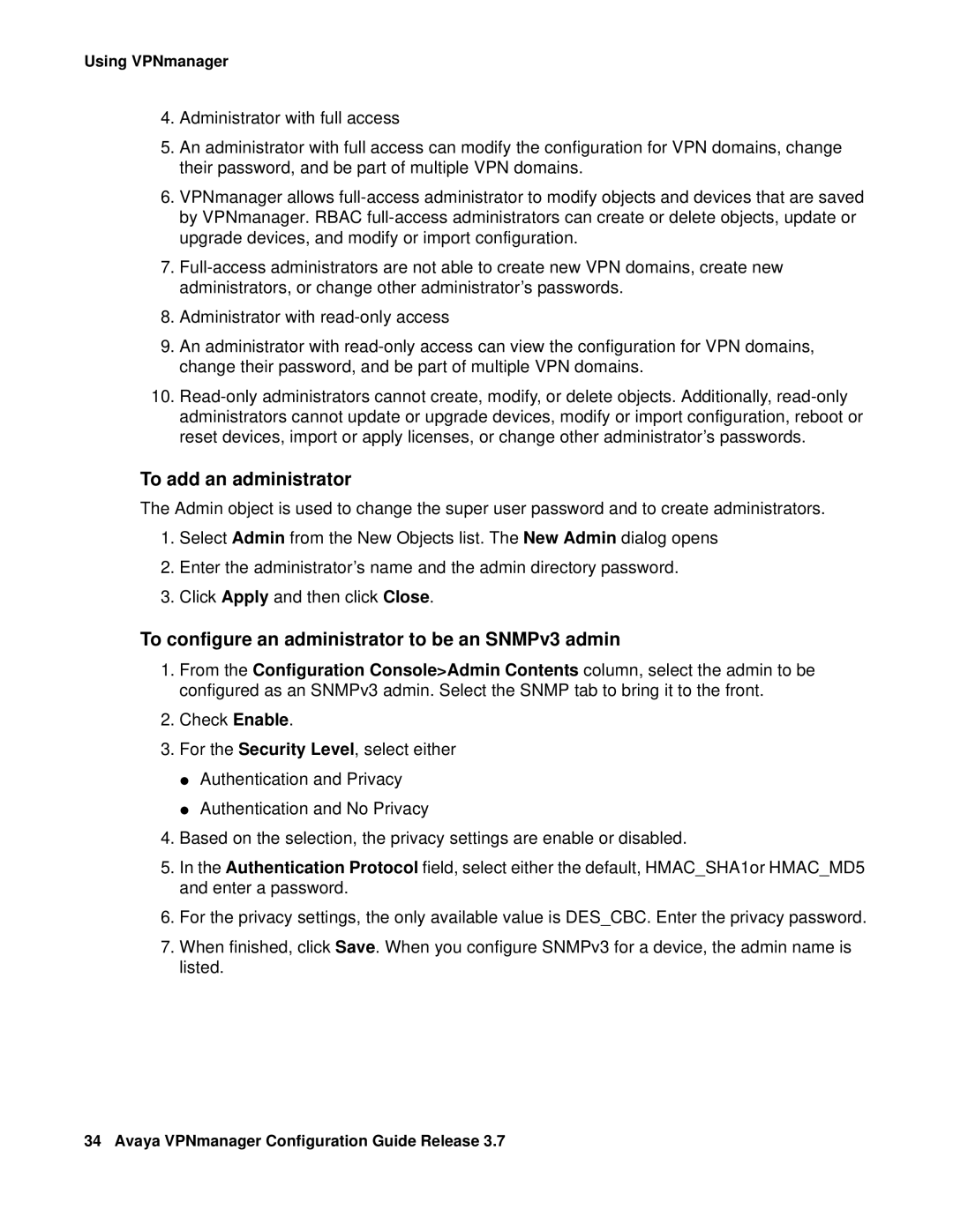 Avaya 3.7 manual To add an administrator, To configure an administrator to be an SNMPv3 admin 