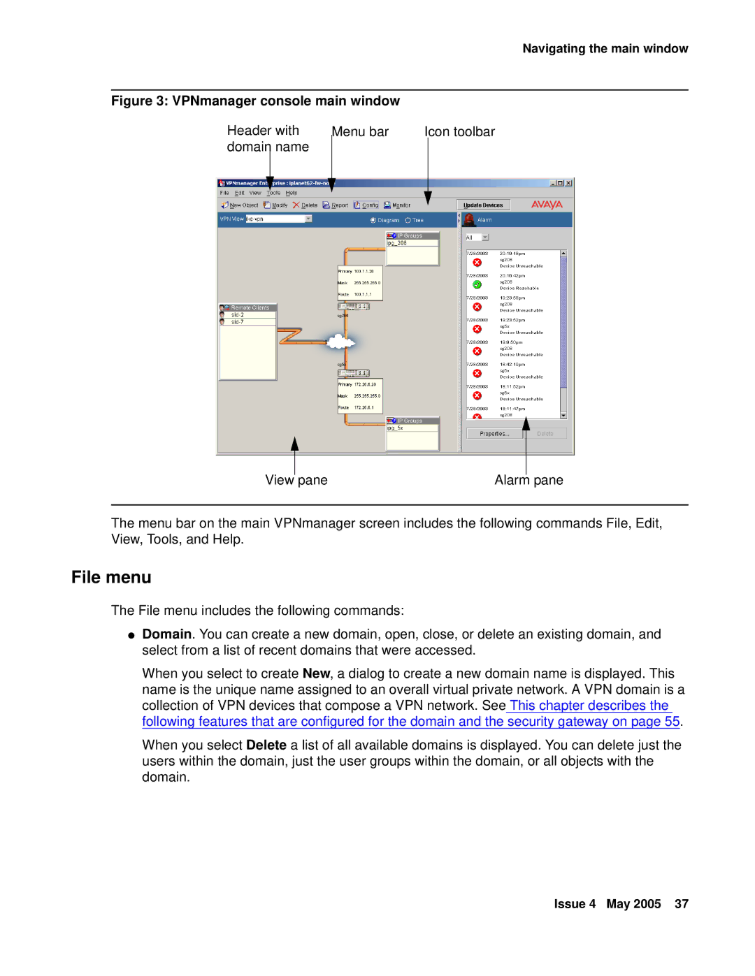 Avaya 3.7 manual File menu, VPNmanager console main window 