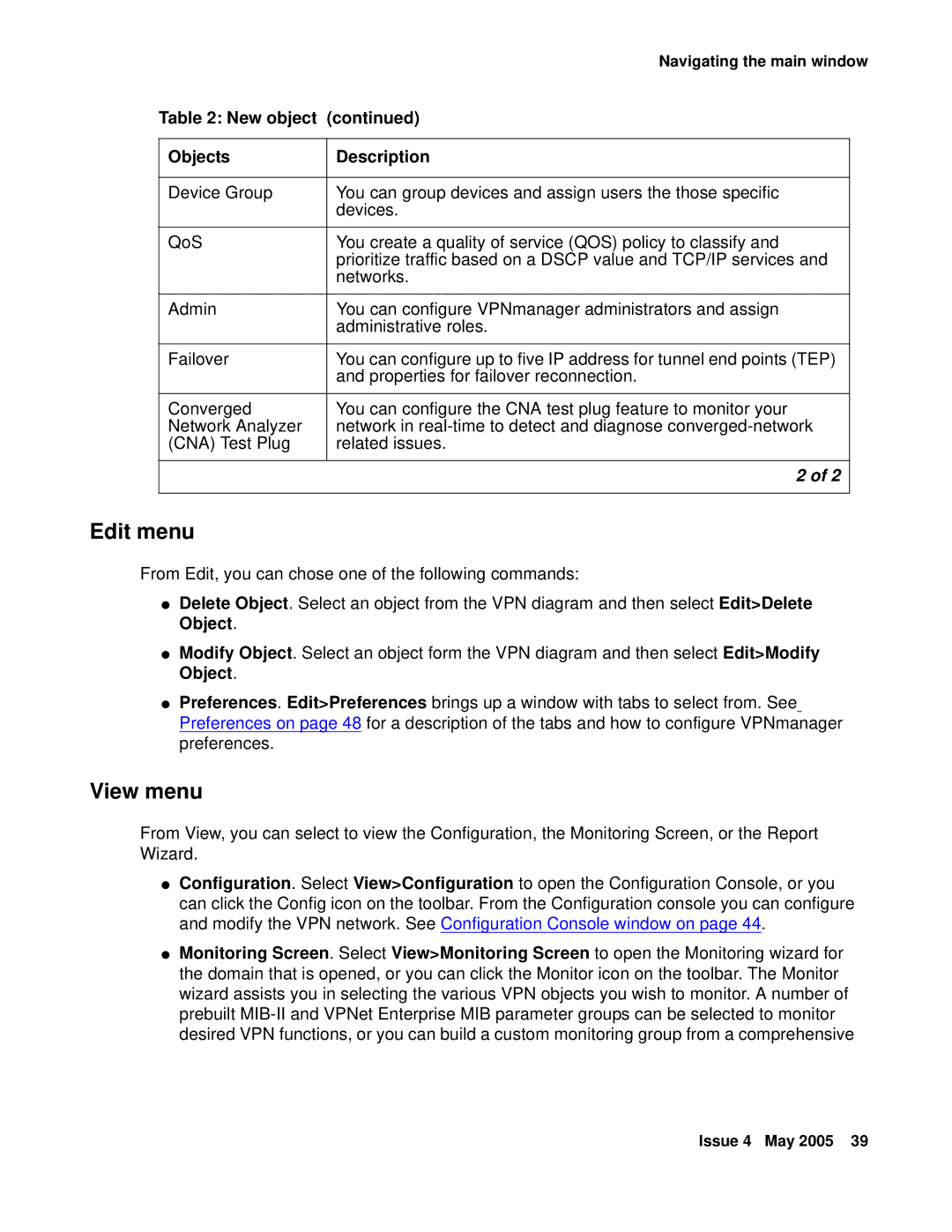 Avaya 3.7 manual Edit menu, View menu, New object Objects Description 