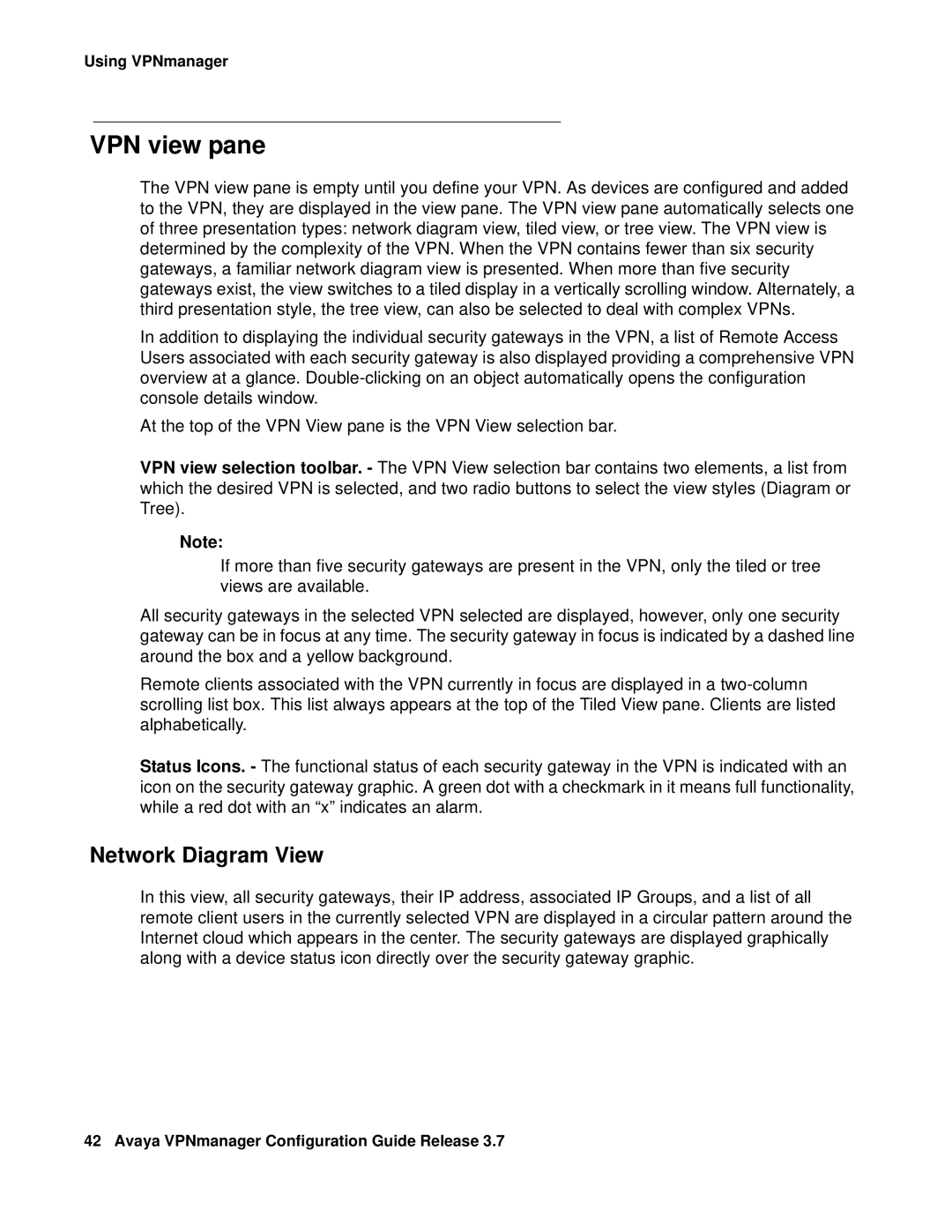 Avaya 3.7 manual VPN view pane, Network Diagram View 