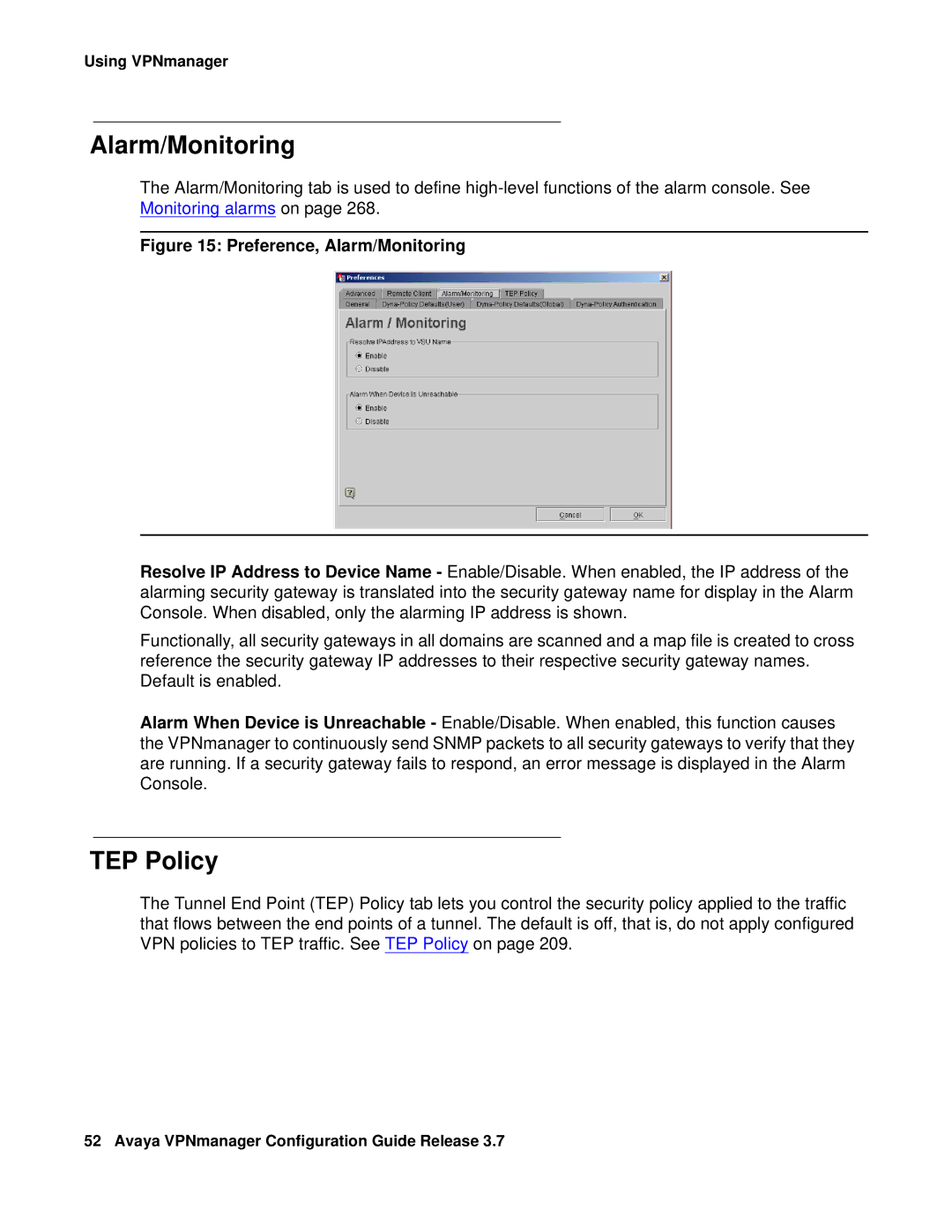 Avaya 3.7 manual Alarm/Monitoring, TEP Policy 