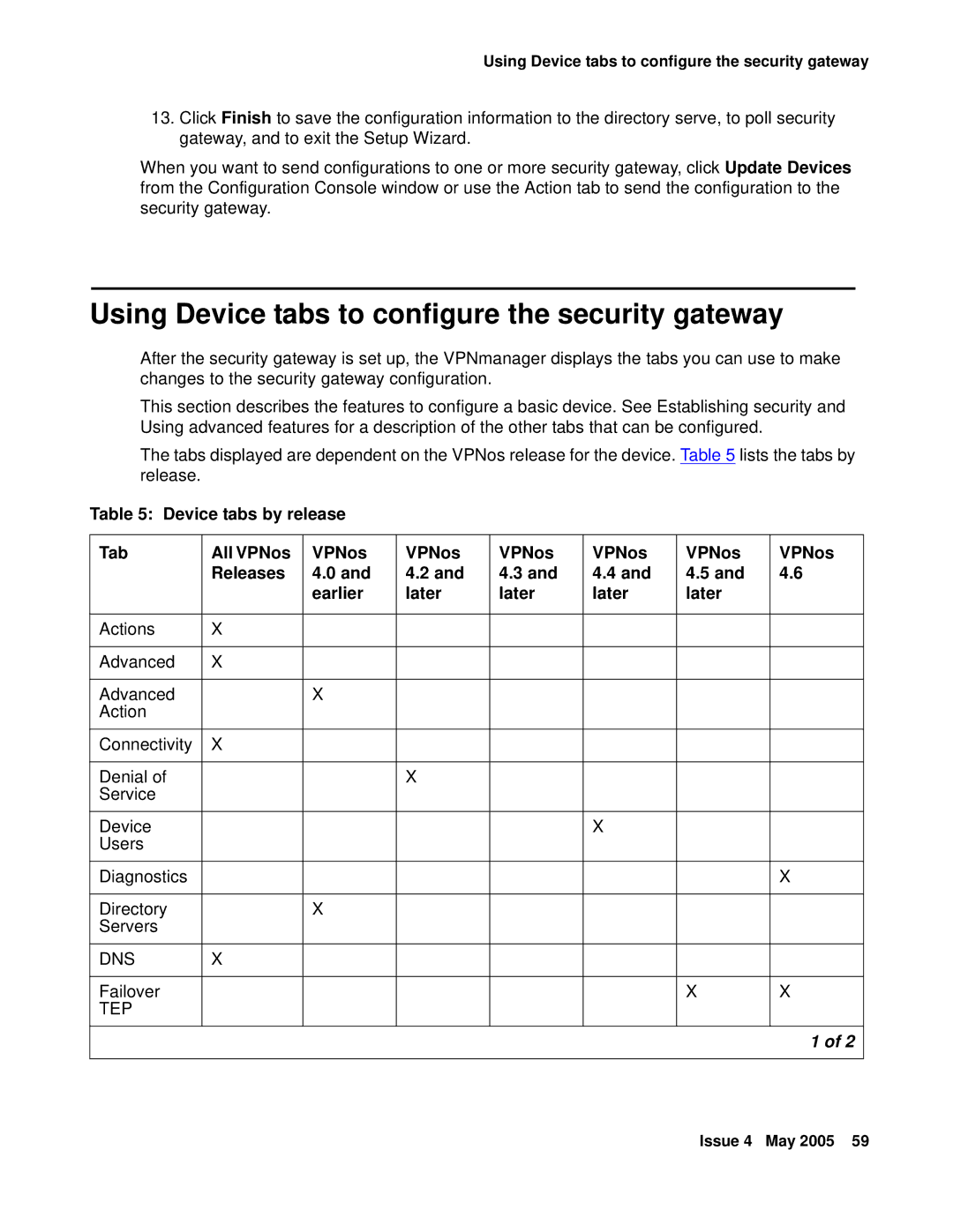 Avaya 3.7 Using Device tabs to configure the security gateway, Device tabs by release Tab All VPNos Releases Earlier Later 