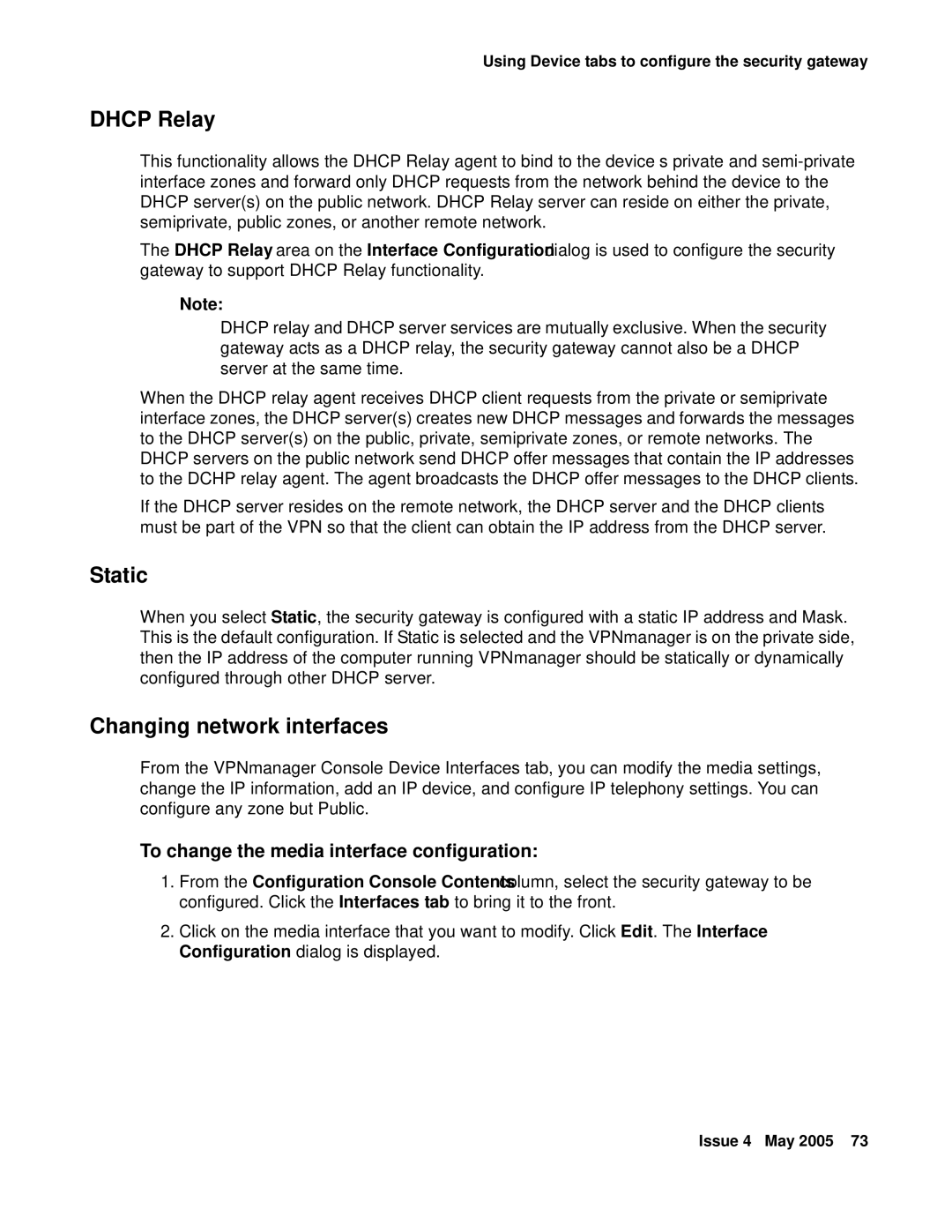 Avaya 3.7 manual Dhcp Relay, Static, Changing network interfaces, To change the media interface configuration 