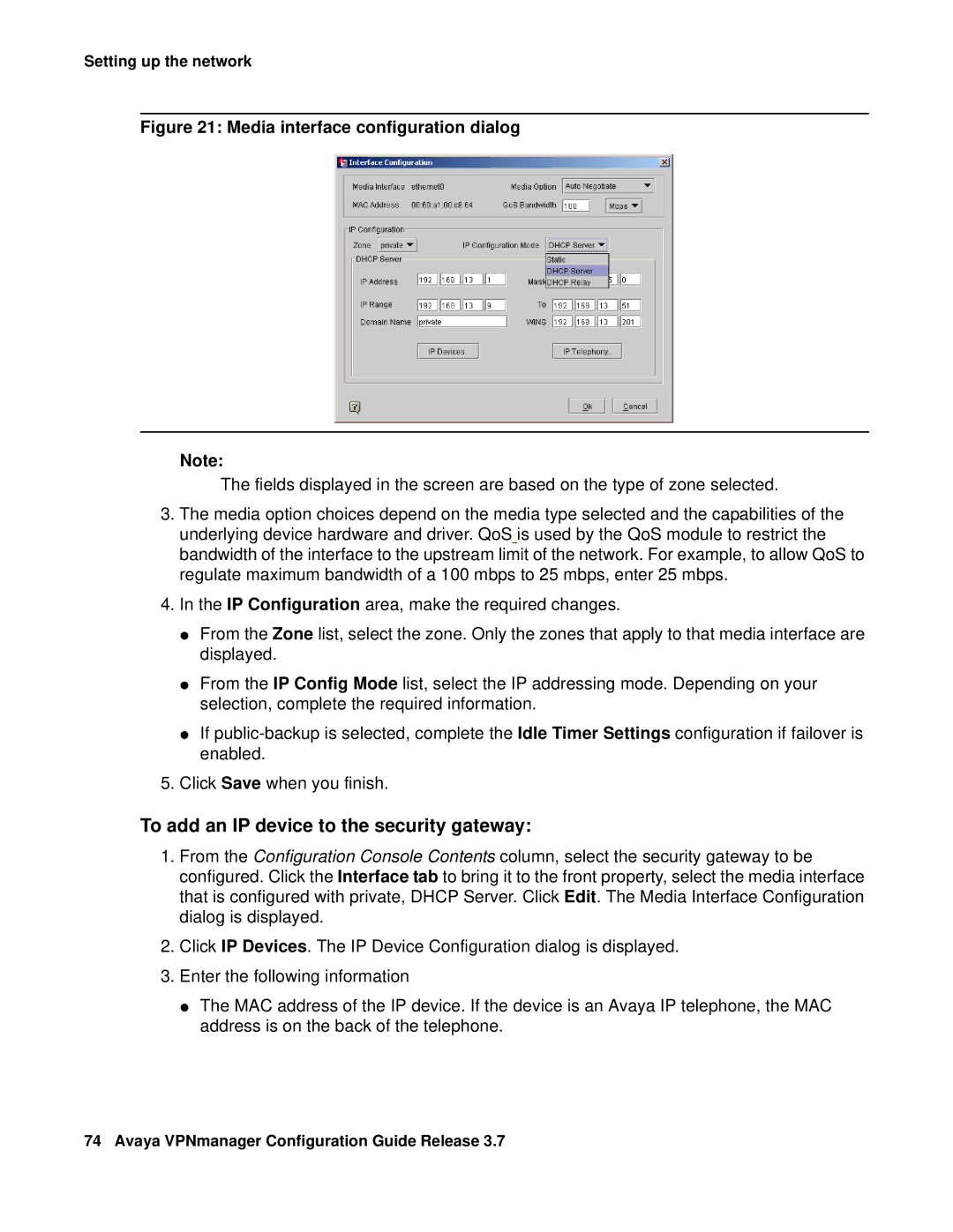 Avaya 3.7 manual To add an IP device to the security gateway, Media interface configuration dialog 