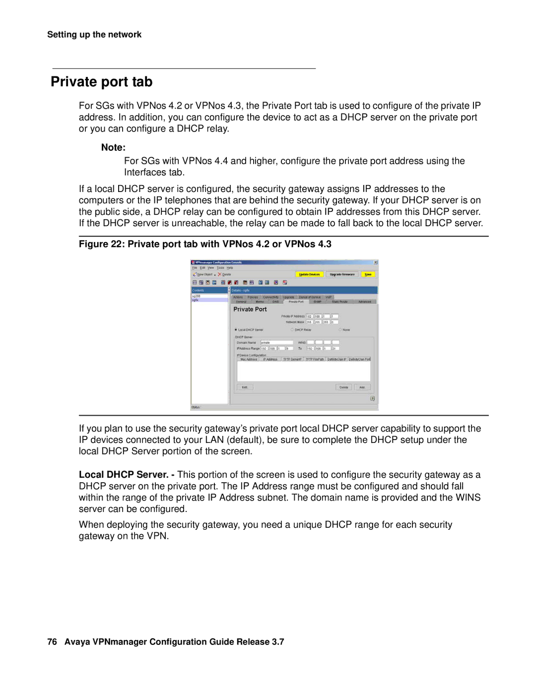 Avaya 3.7 manual Private port tab with VPNos 4.2 or VPNos 