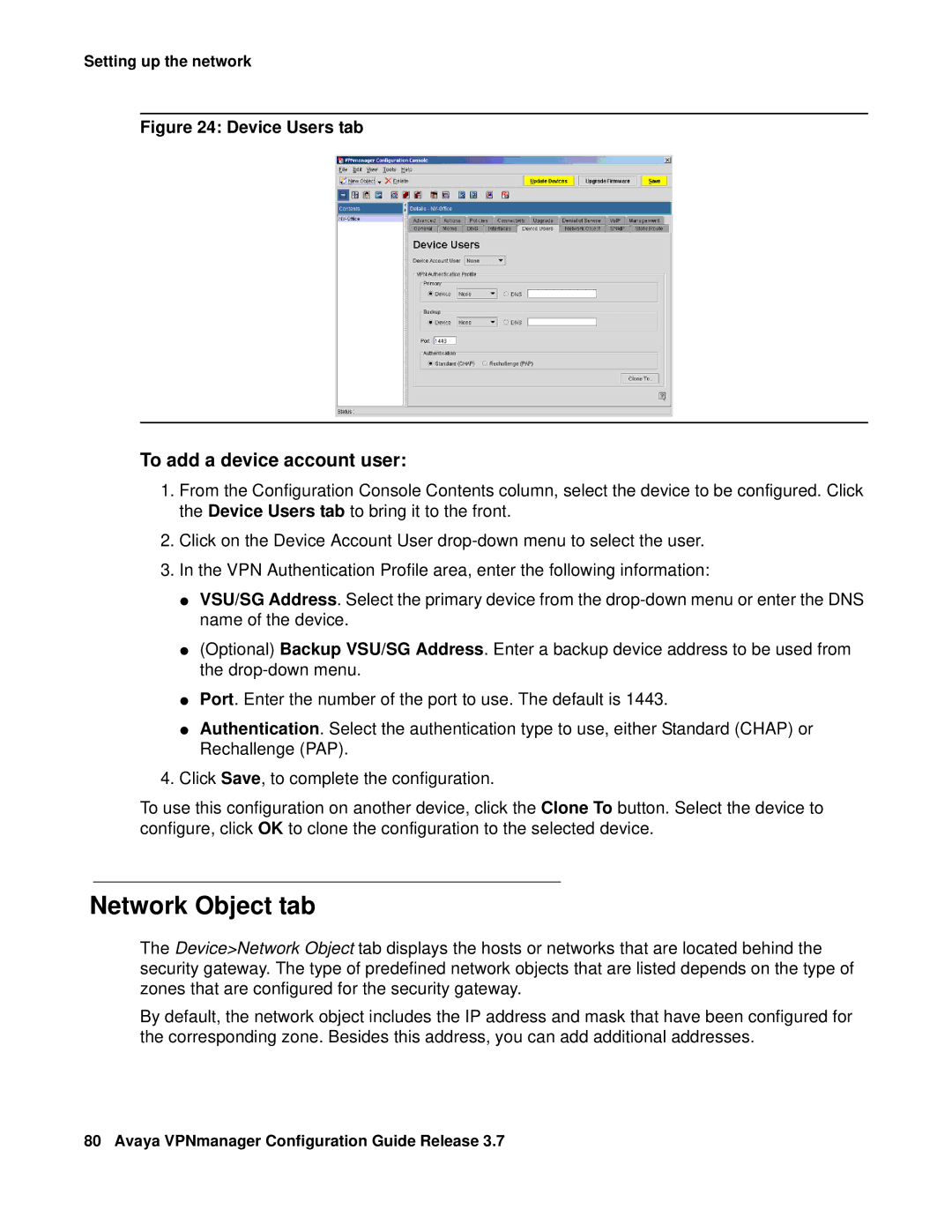 Avaya 3.7 manual Network Object tab, To add a device account user 