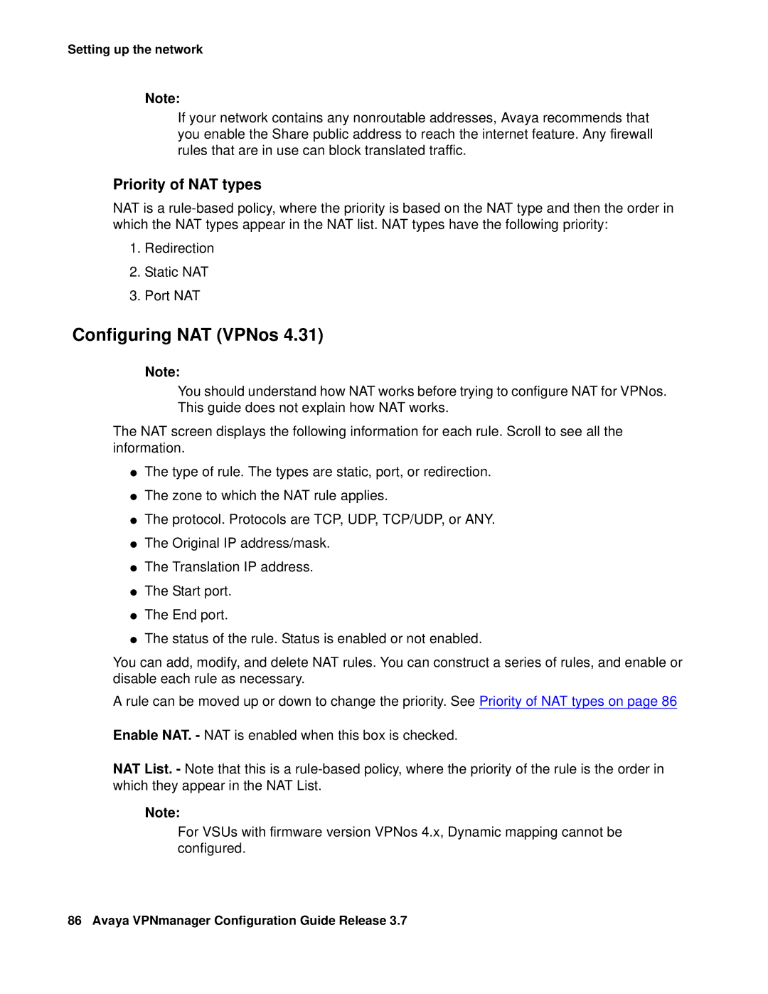 Avaya 3.7 manual Configuring NAT VPNos, Priority of NAT types 