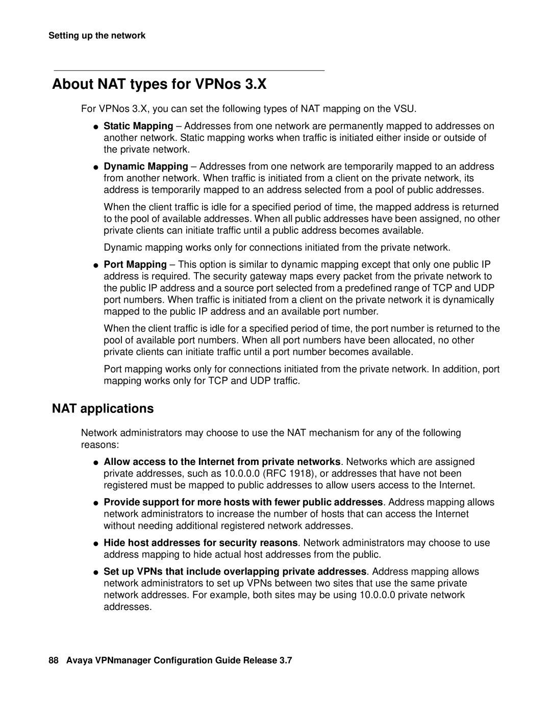 Avaya 3.7 manual About NAT types for VPNos, NAT applications 