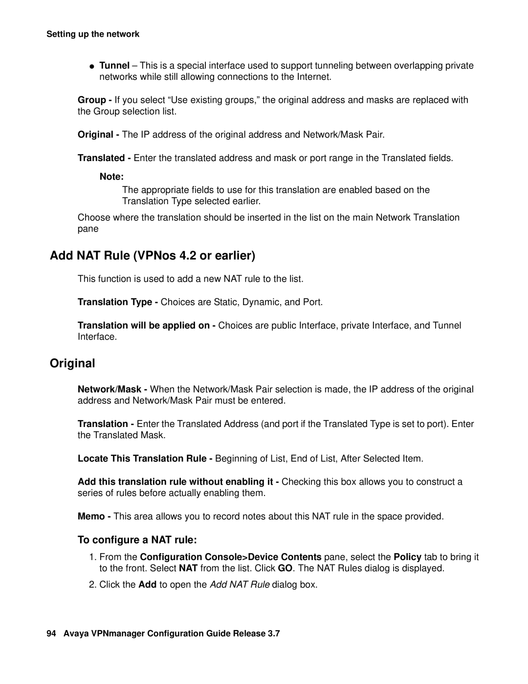 Avaya 3.7 manual Add NAT Rule VPNos 4.2 or earlier, Original, To configure a NAT rule 