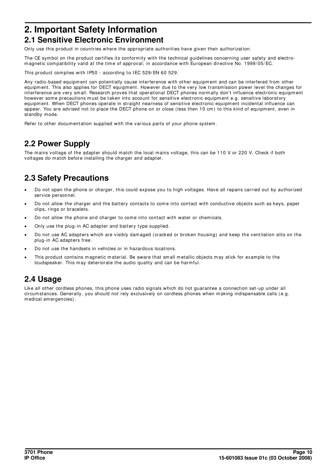 Avaya 3701 manual Important Safety Information, Sensitive Electronic Environment, Power Supply, Safety Precautions, Usage 