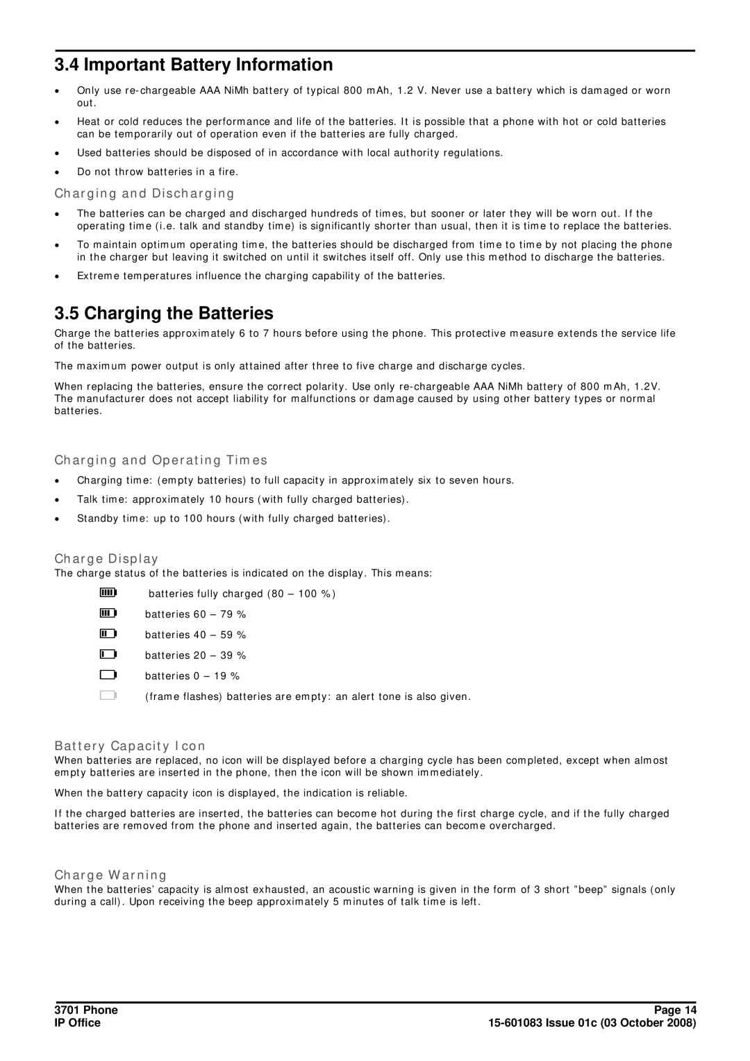 Avaya 3701 manual Important Battery Information, Charging the Batteries 