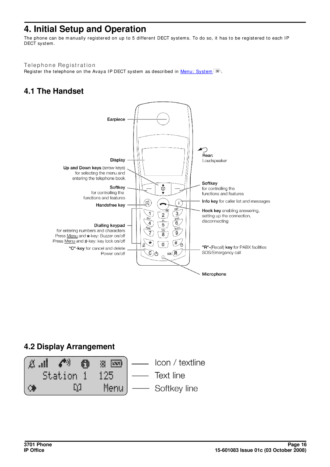 Avaya 3701 manual Initial Setup and Operation, Handset Display Arrangement 