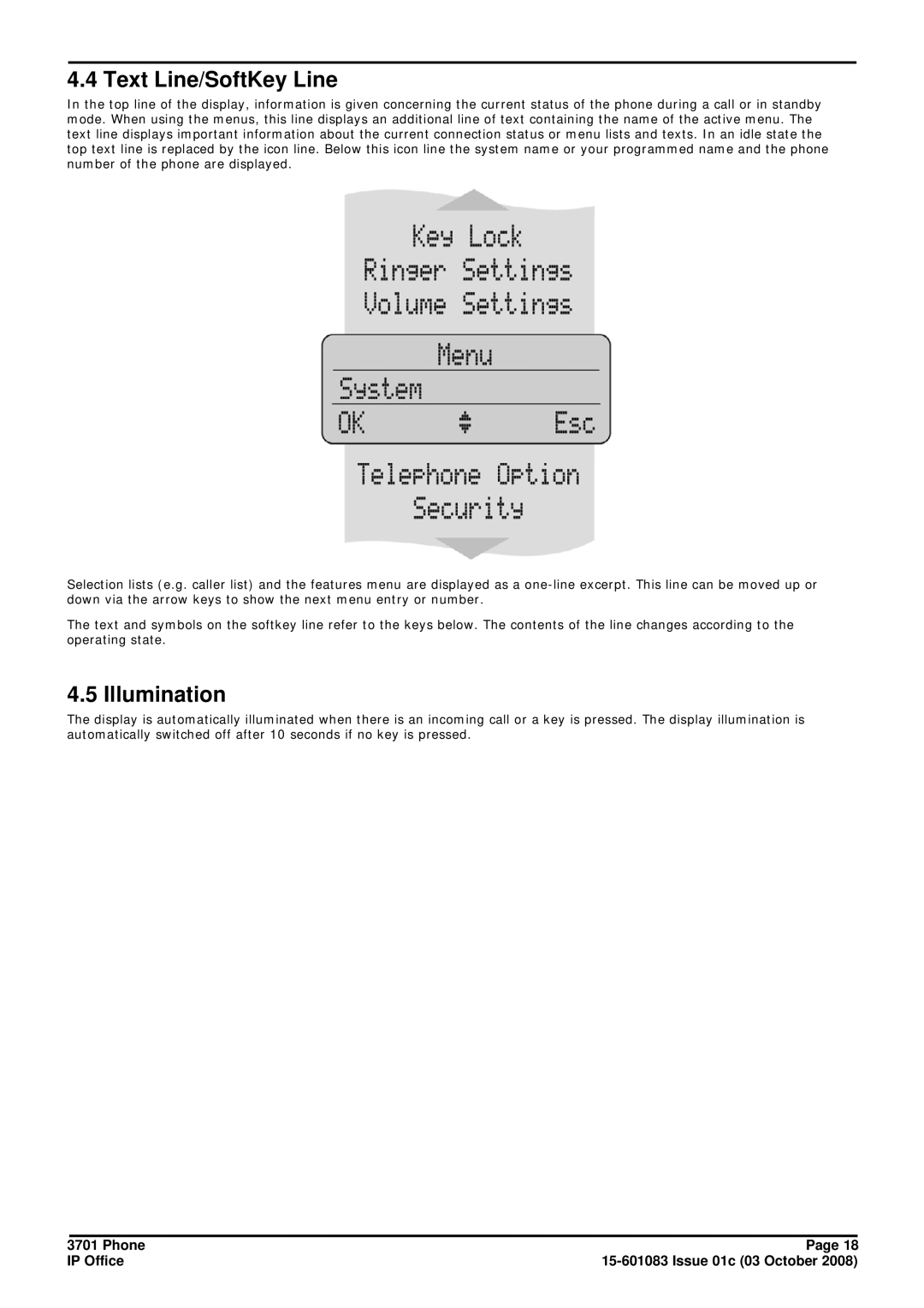 Avaya 3701 manual Text Line/SoftKey Line, Illumination 