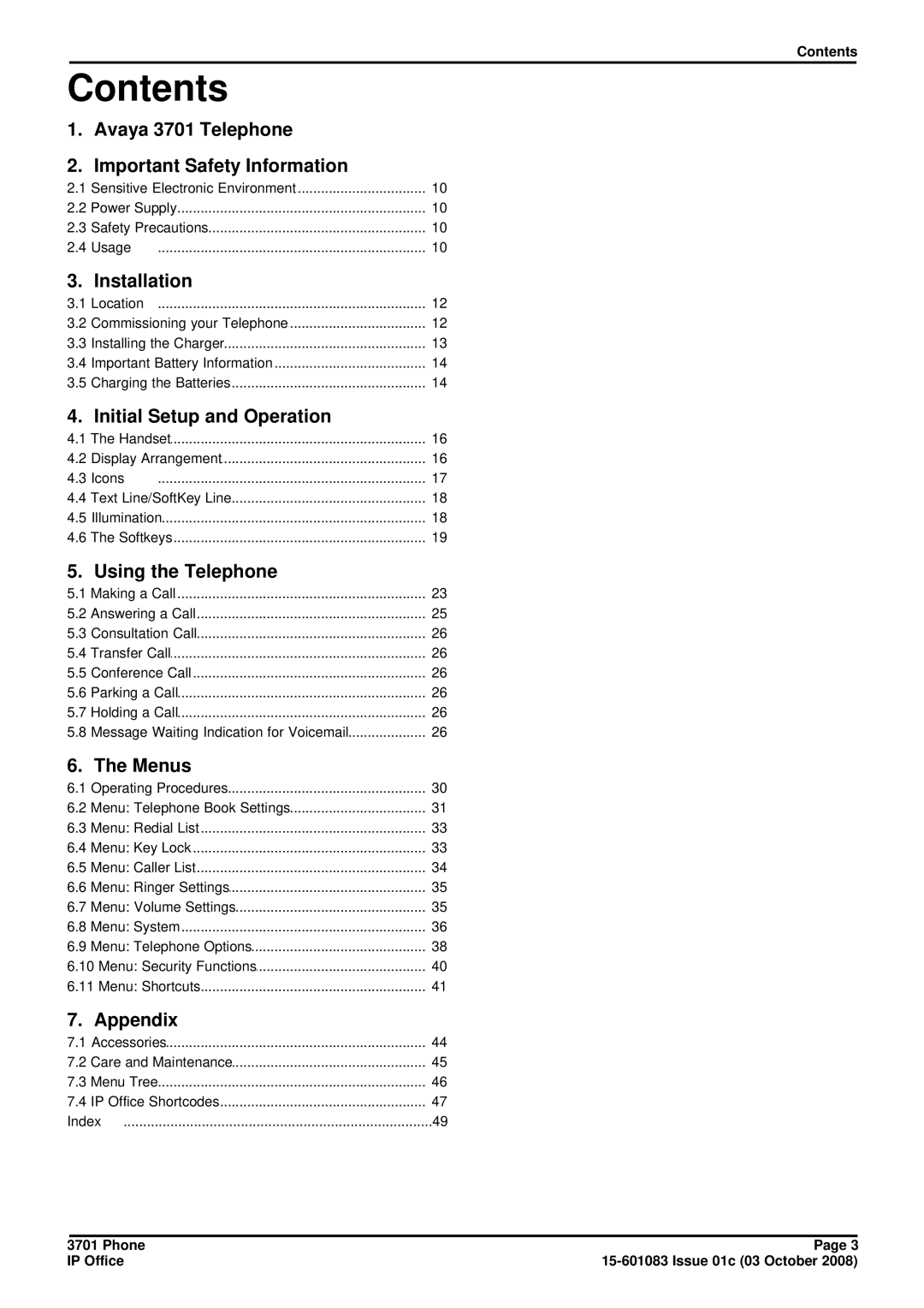 Avaya 3701 manual Contents 