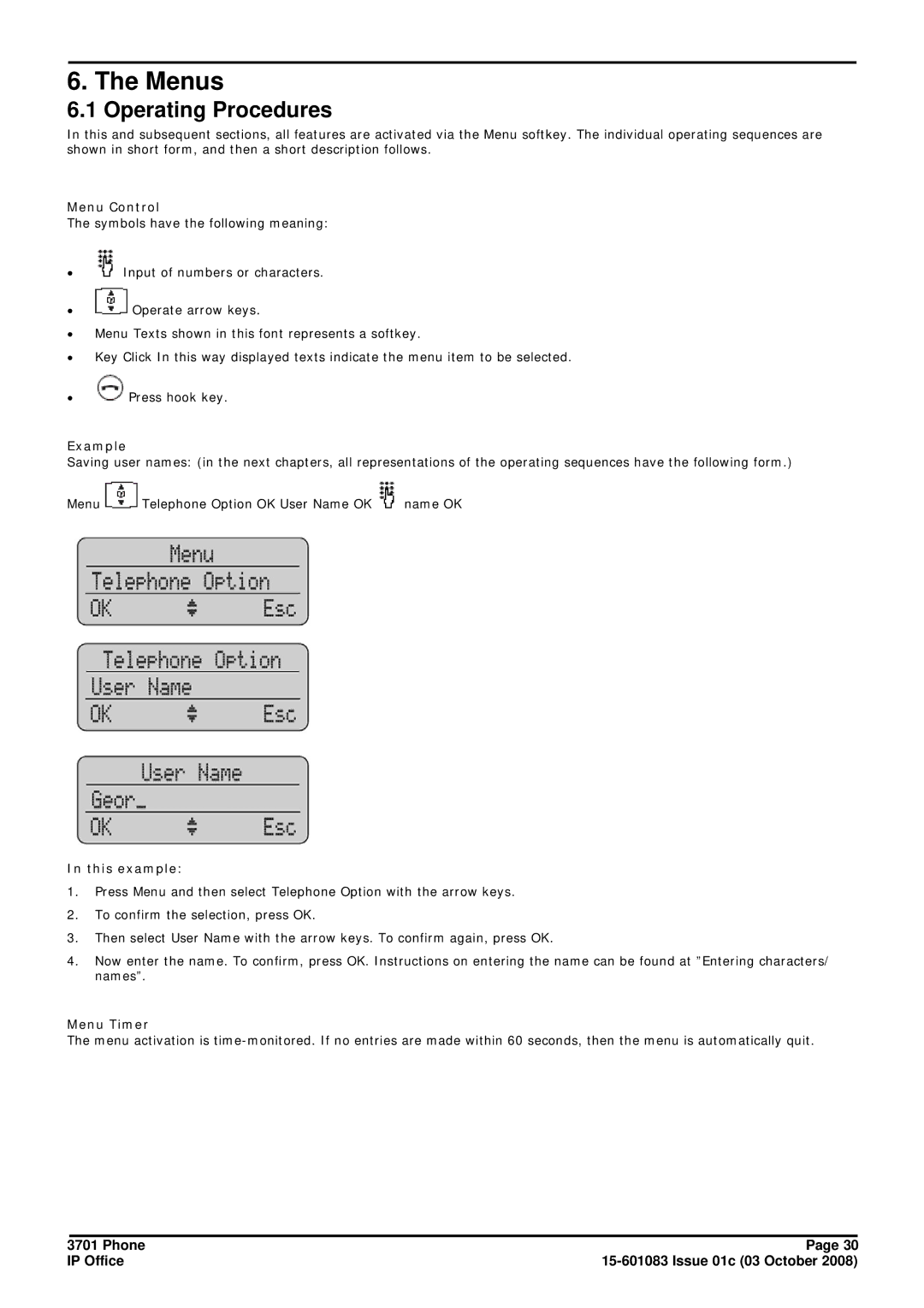 Avaya 3701 manual Menus, Operating Procedures 