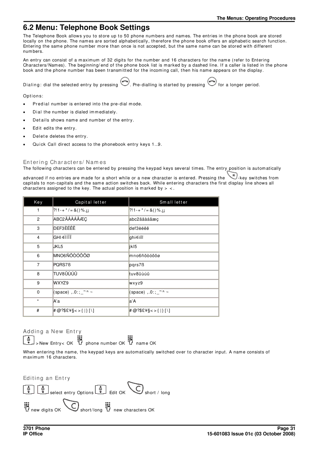 Avaya 3701 manual Menu Telephone Book Settings, Entering Characters/Names 