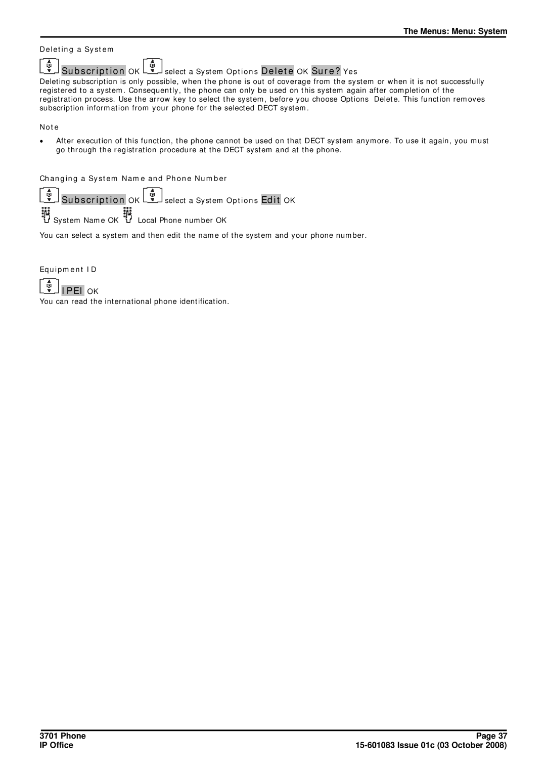 Avaya 3701 manual Deleting a System, Changing a System Name and Phone Number, Equipment ID 