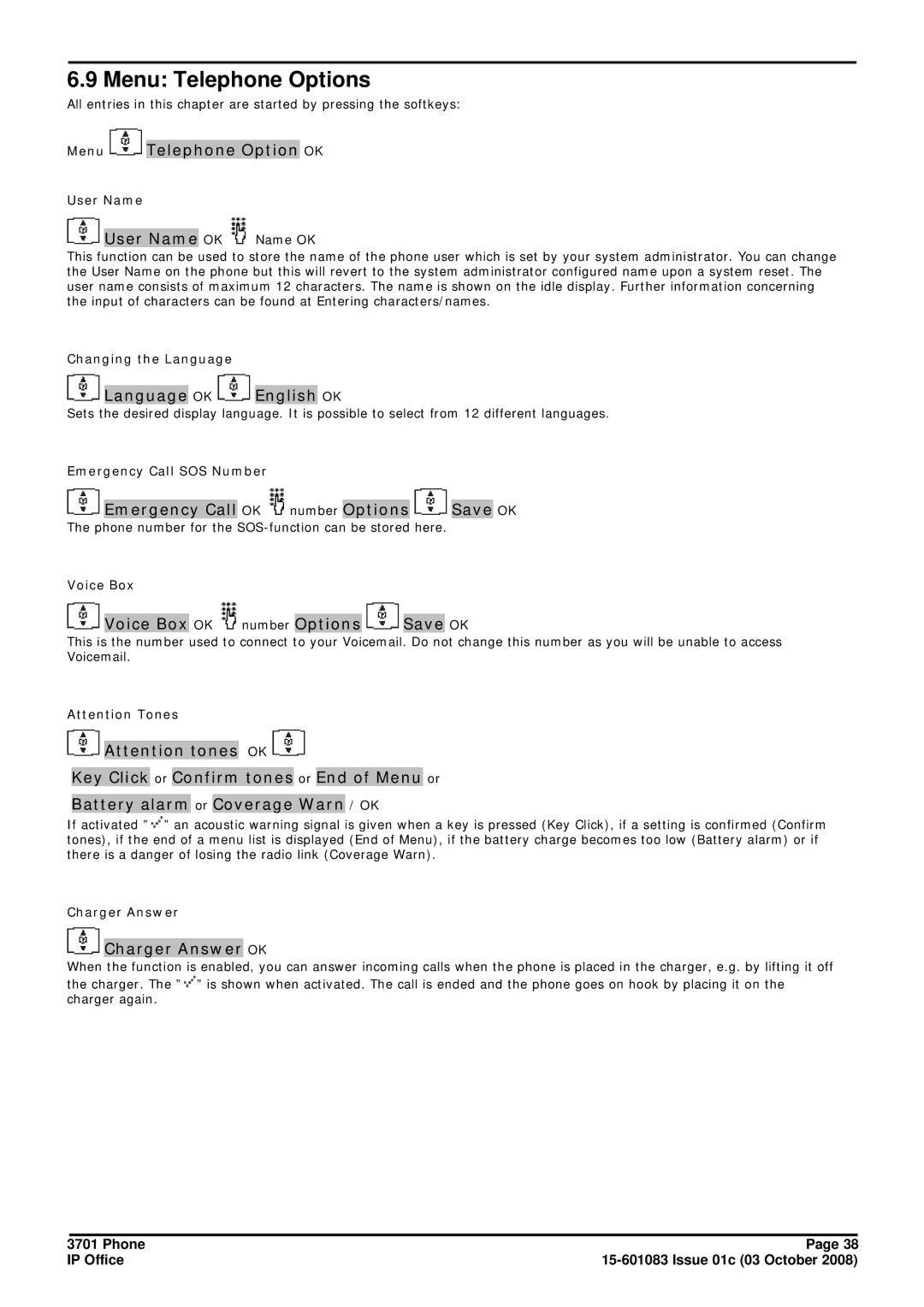 Avaya 3701 manual Menu Telephone Options 