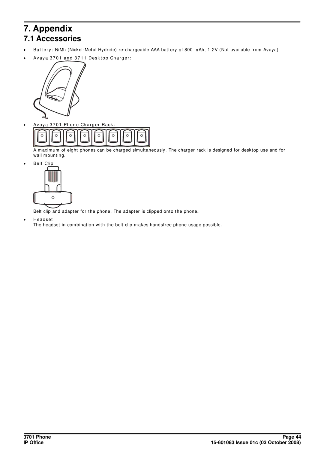 Avaya 3701 manual Appendix, Accessories, ∙ Belt Clip, ∙ Headset 