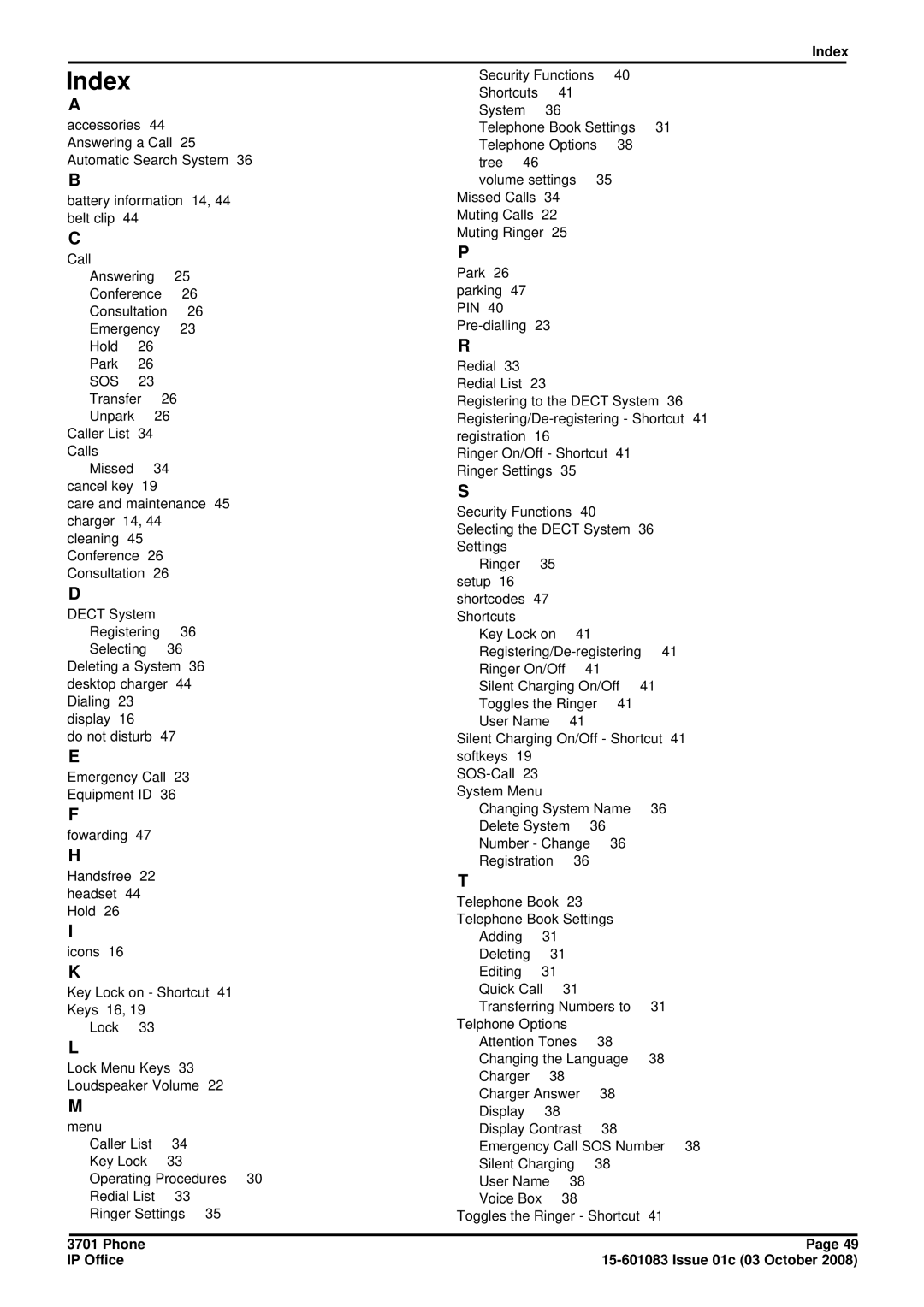 Avaya 3701 manual Index, Sos 