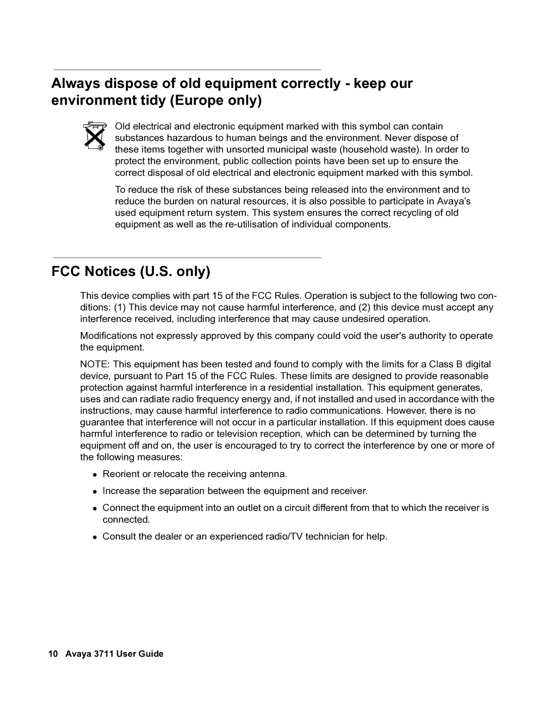 Avaya 3711 manual FCC Notices U.S. only 