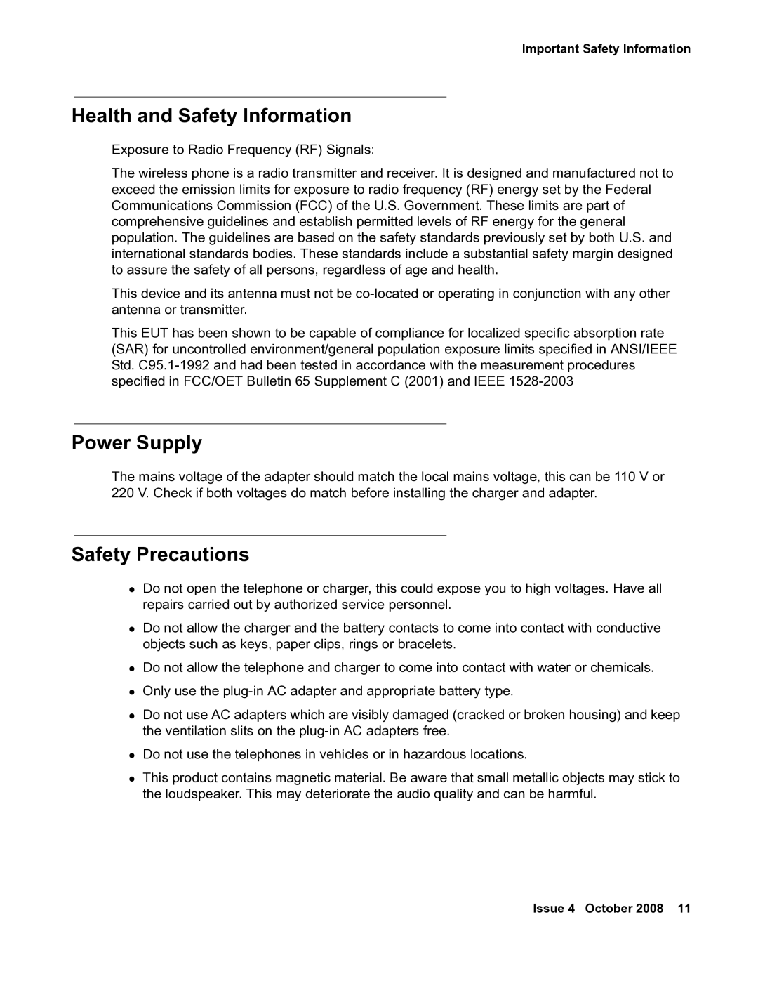 Avaya 3711 manual Health and Safety Information, Power Supply, Safety Precautions 