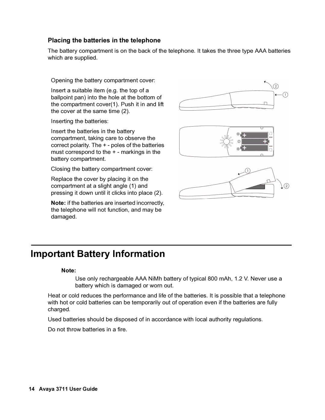 Avaya 3711 manual Important Battery Information, Placing the batteries in the telephone 