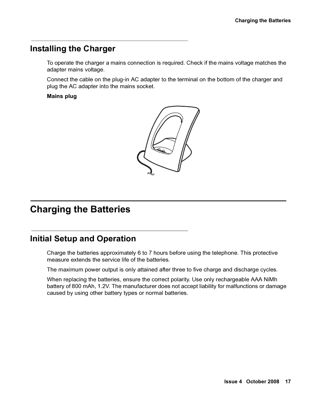 Avaya 3711 manual Charging the Batteries, Installing the Charger, Initial Setup and Operation, Mains plug 