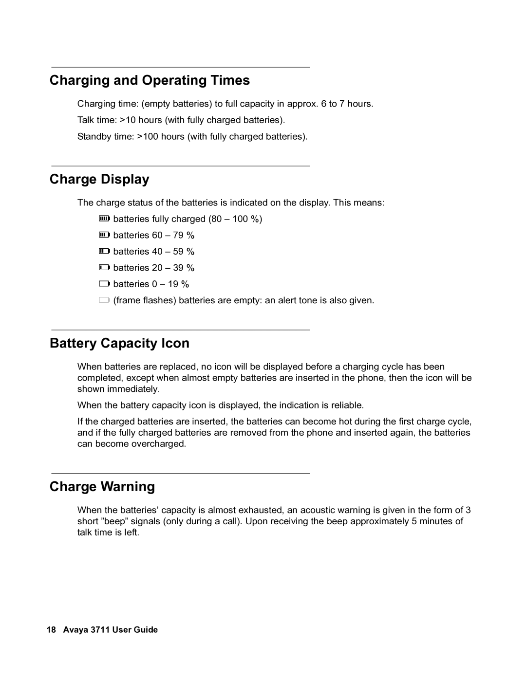 Avaya 3711 manual Charging and Operating Times, Charge Display, Battery Capacity Icon, Charge Warning 