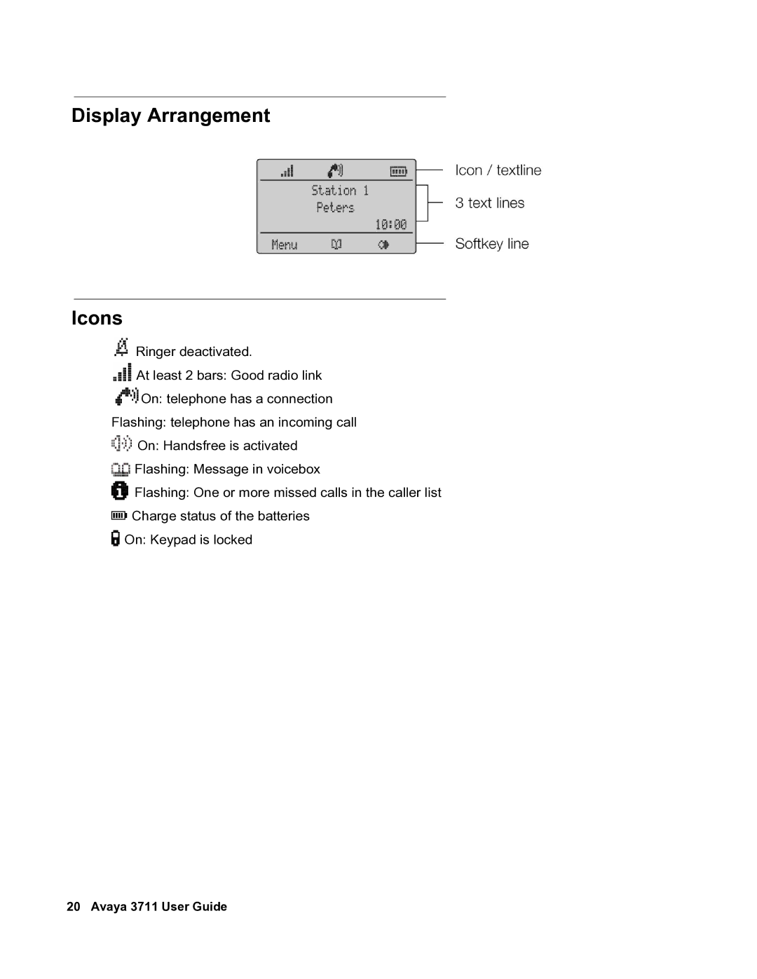 Avaya 3711 manual Display Arrangement Icons 