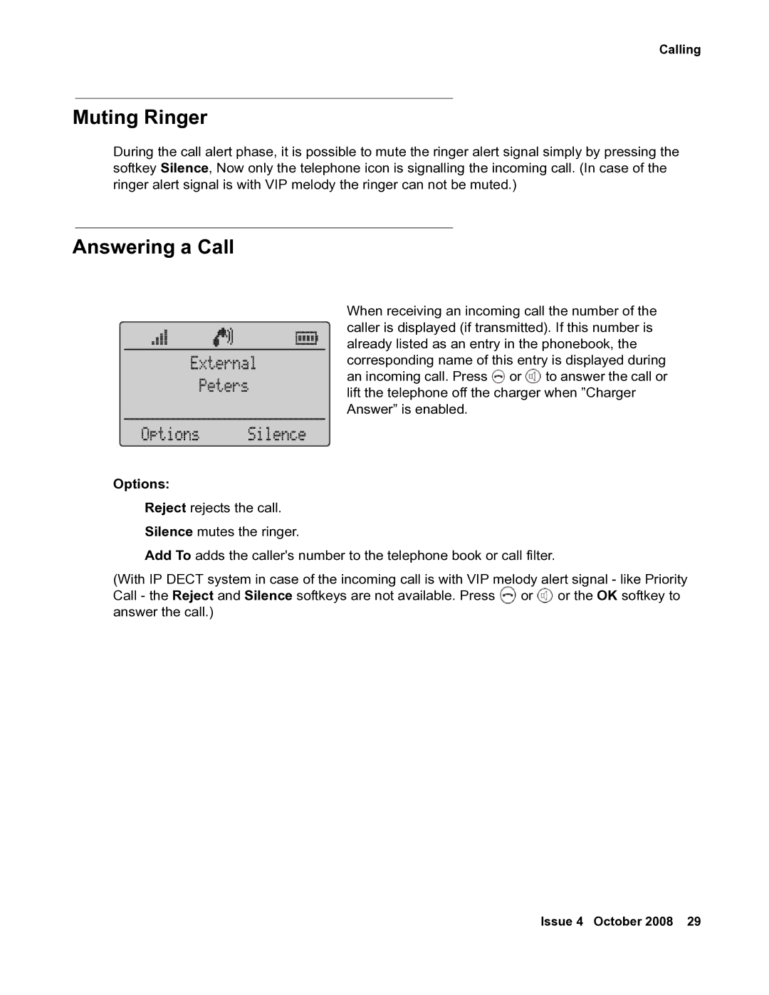 Avaya 3711 manual Muting Ringer, Answering a Call, Options 