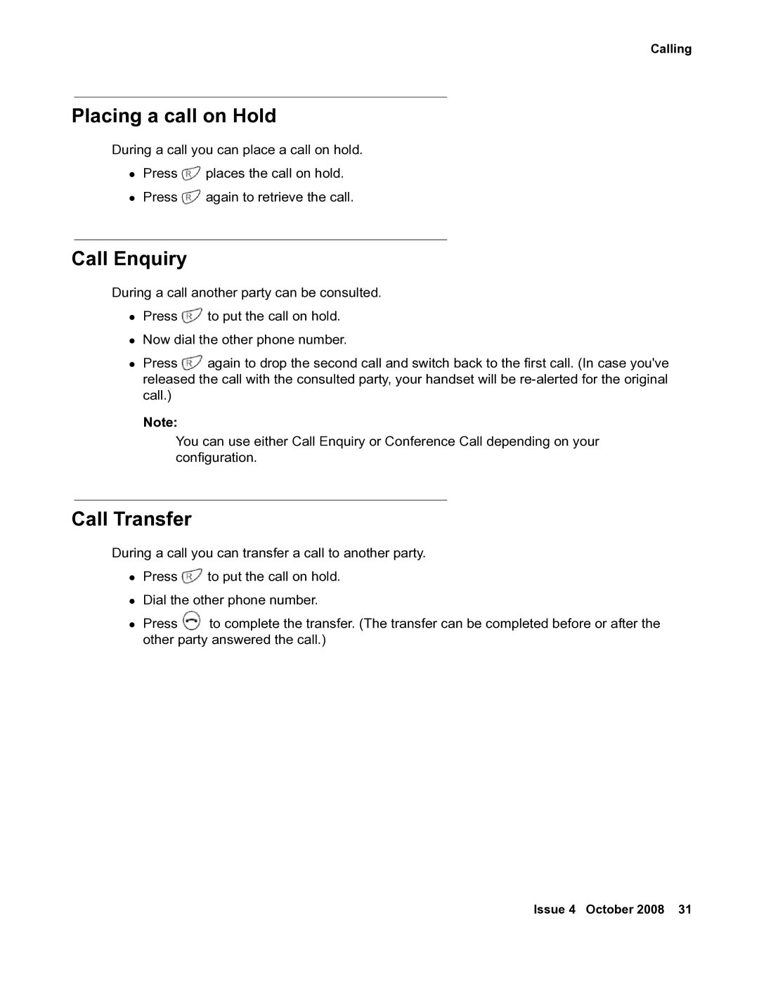 Avaya 3711 manual Placing a call on Hold, Call Enquiry, Call Transfer 