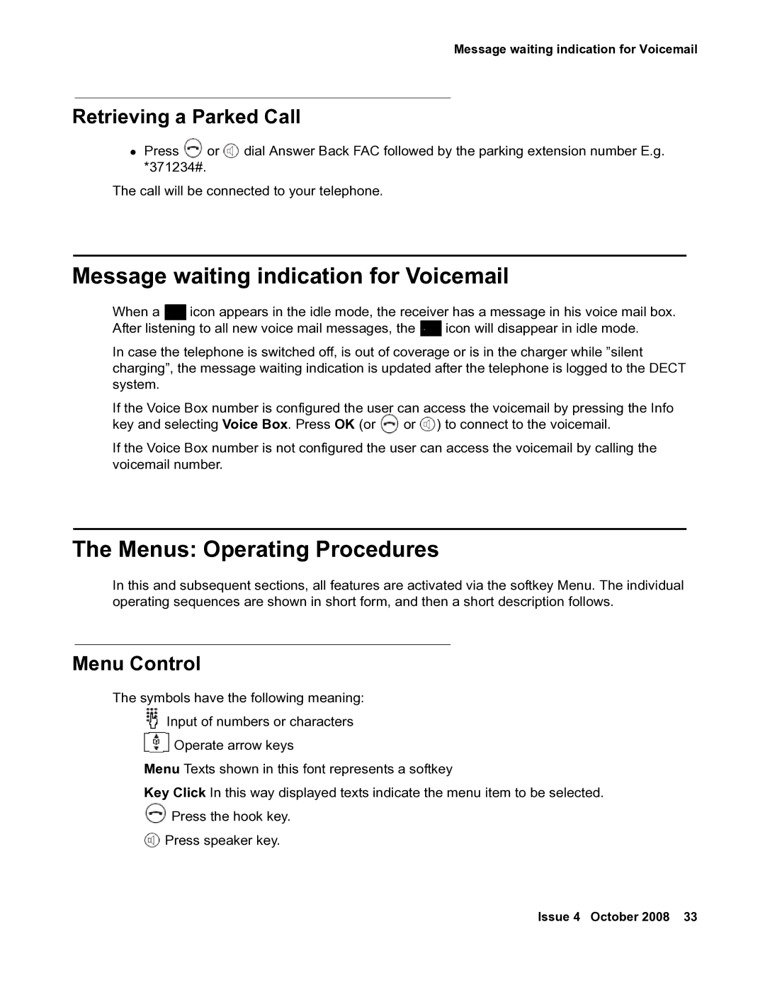 Avaya 3711 Message waiting indication for Voicemail, Menus Operating Procedures, Retrieving a Parked Call, Menu Control 