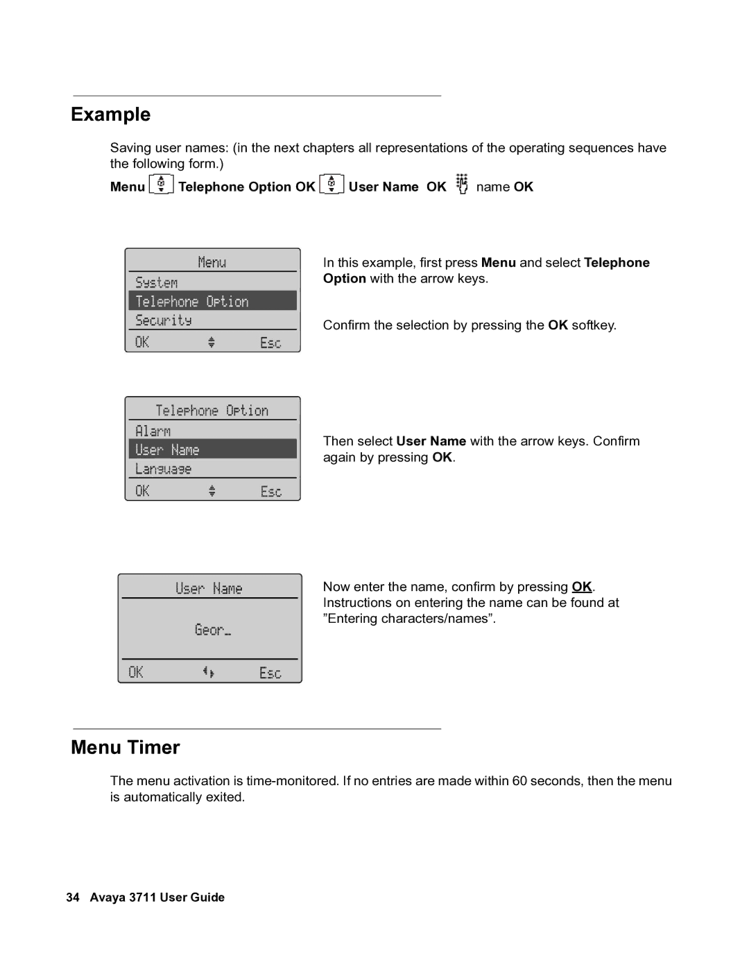 Avaya 3711 manual Example, Menu Timer, Menu Telephone Option OK User Name OK name OK 