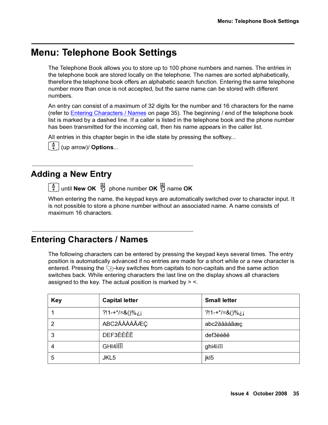 Avaya 3711 Menu Telephone Book Settings, Adding a New Entry, Entering Characters / Names, Key Capital letter Small letter 