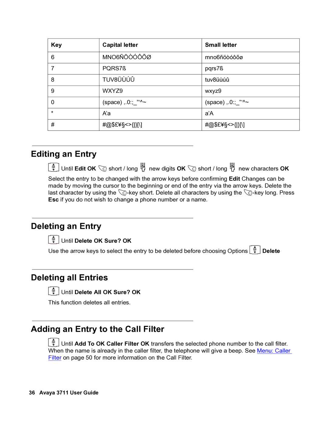 Avaya 3711 manual Editing an Entry, Deleting an Entry, Deleting all Entries, Adding an Entry to the Call Filter 