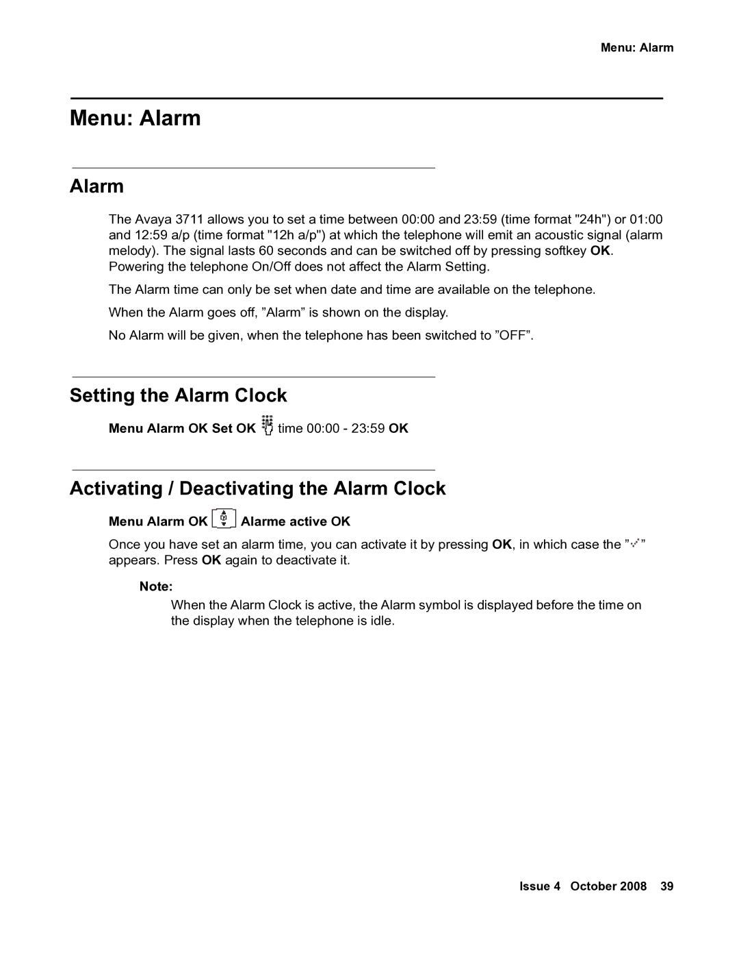 Avaya 3711 manual Menu Alarm, Setting the Alarm Clock, Activating / Deactivating the Alarm Clock 