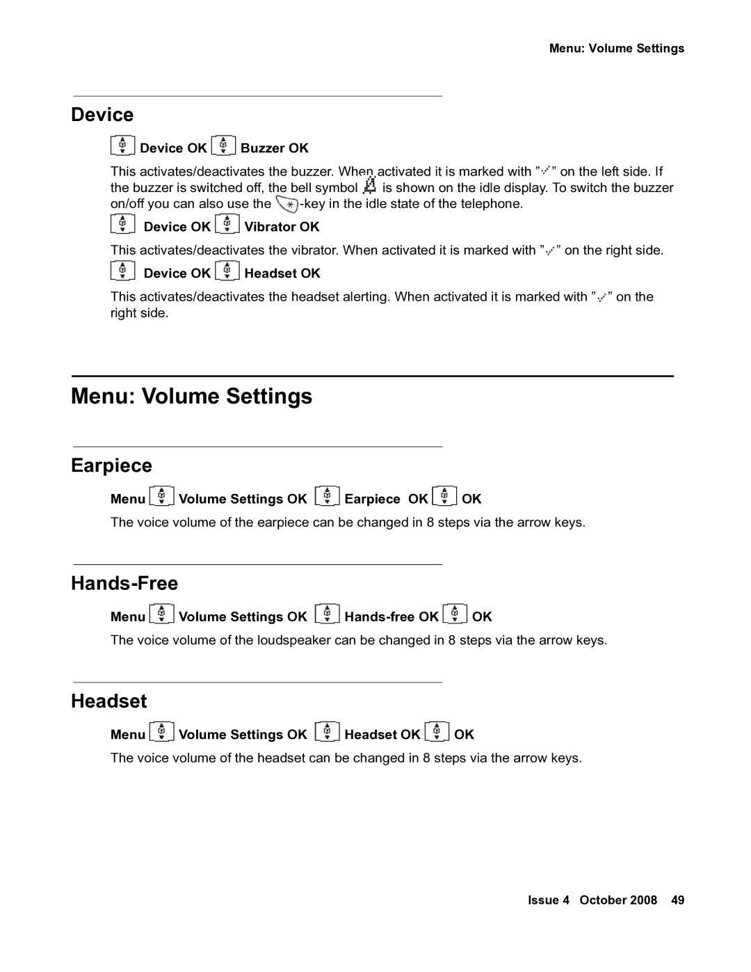 Avaya 3711 manual Menu Volume Settings, Device, Earpiece, Hands-Free, Headset 