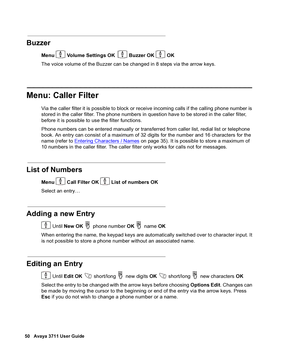 Avaya 3711 manual Menu Caller Filter, List of Numbers, Menu Volume Settings OK Buzzer OK OK 