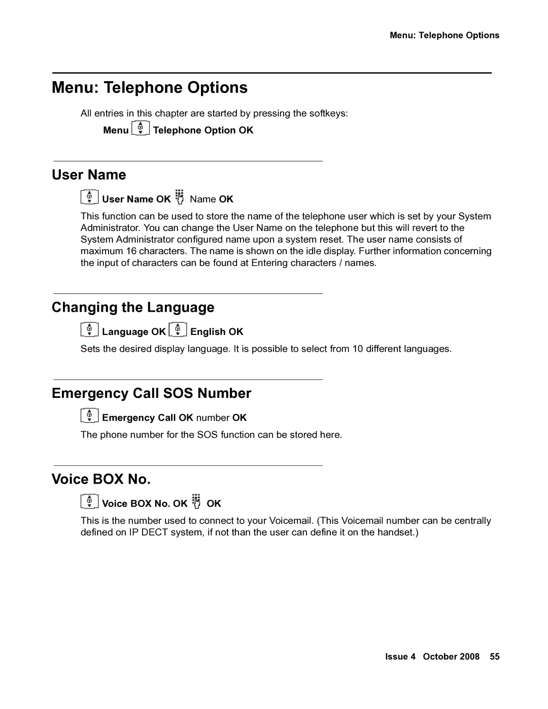 Avaya 3711 manual Menu Telephone Options, User Name, Changing the Language, Emergency Call SOS Number, Voice BOX No 