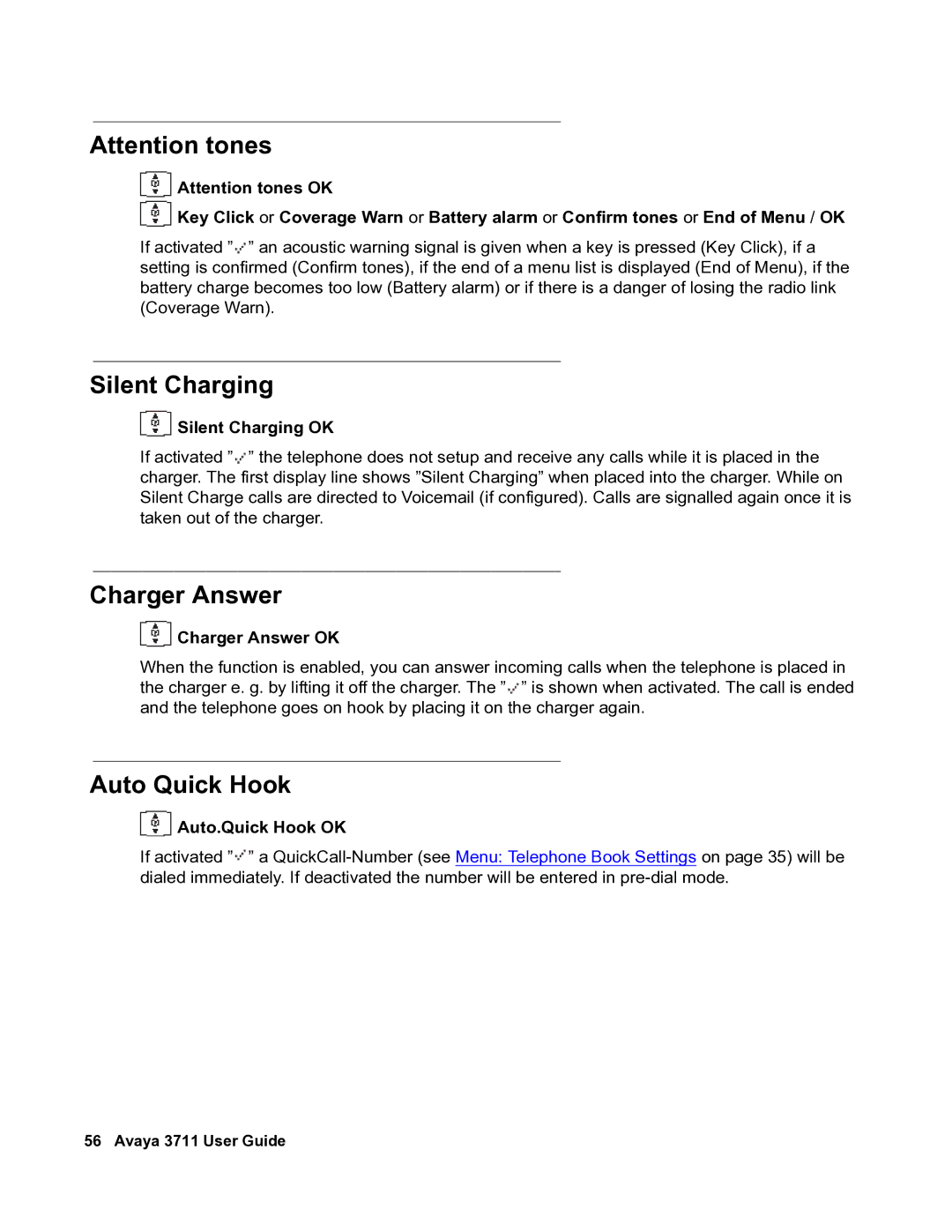 Avaya 3711 manual Silent Charging, Charger Answer, Auto Quick Hook 