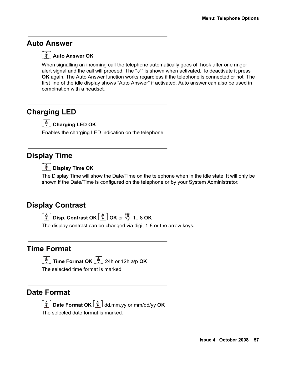 Avaya 3711 manual Auto Answer, Charging LED, Display Time, Display Contrast, Time Format, Date Format 